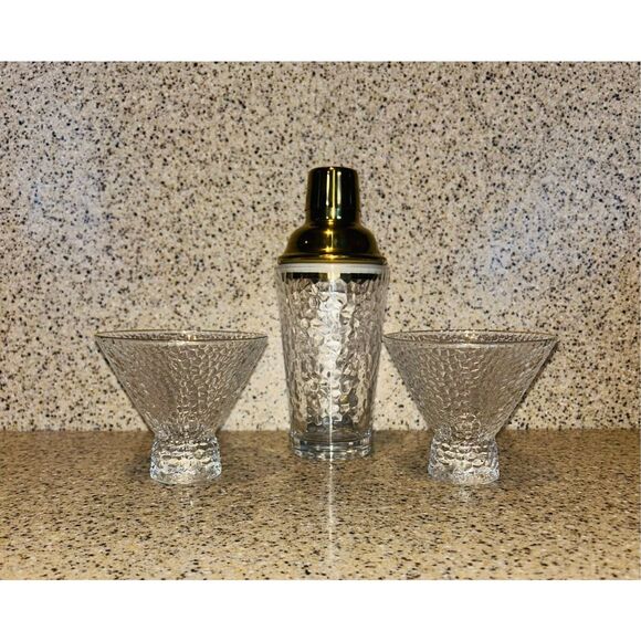 3 Piece Barware Set Gold Trim Martini Glass and Shaker Set - Picture 1 of 4